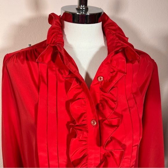 Vintage 70 80 Lilli Ann Retro Victorian Red Ruffle Front Feminine Tuxedo shirt - Picture 3 of 17